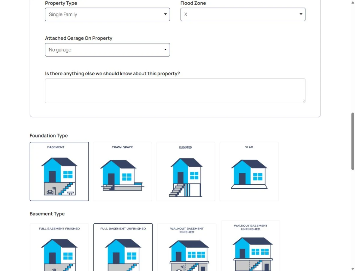 H2Quoter foundation type selection interface