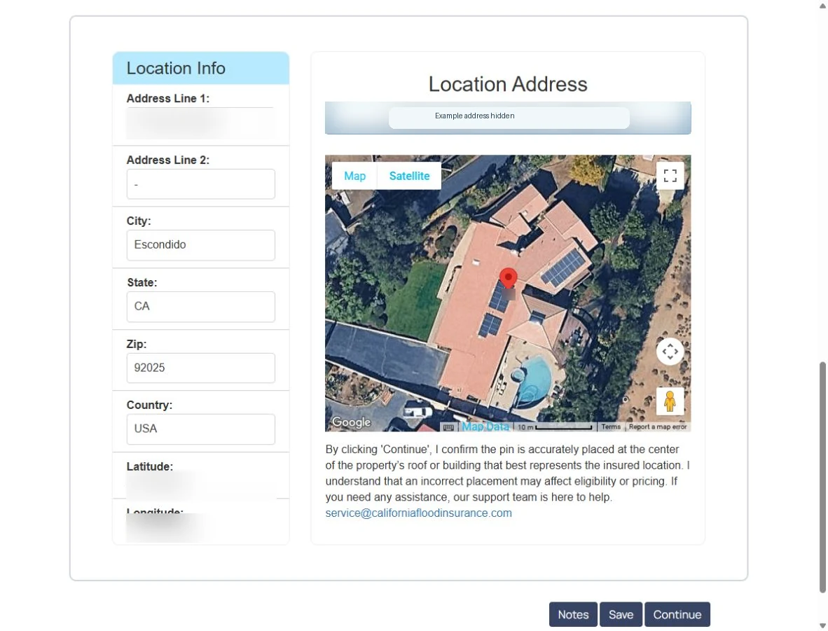 H2Quoter location verification screen with sample address hidden