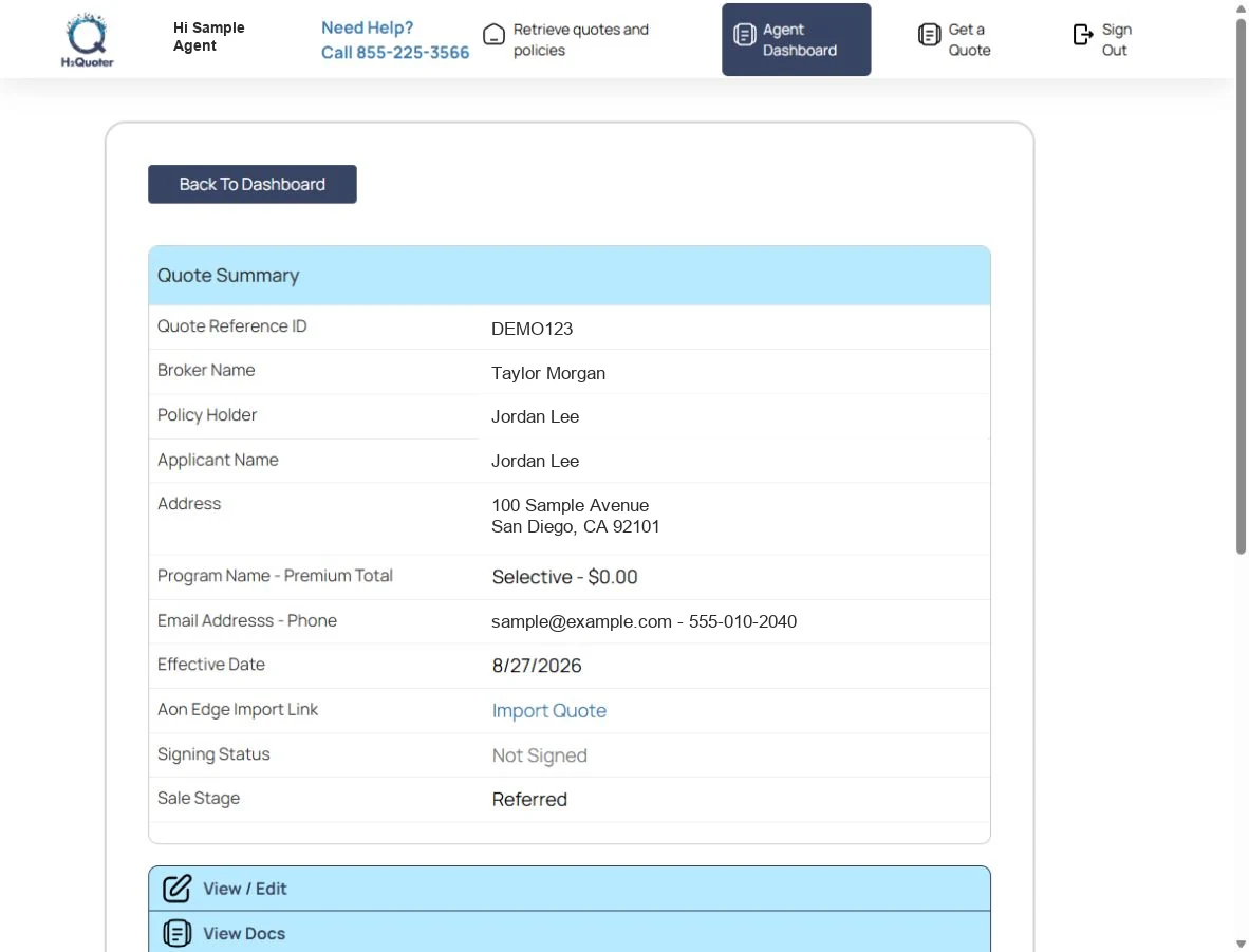 Sanitized H2Quoter quote summary and agent servicing screen